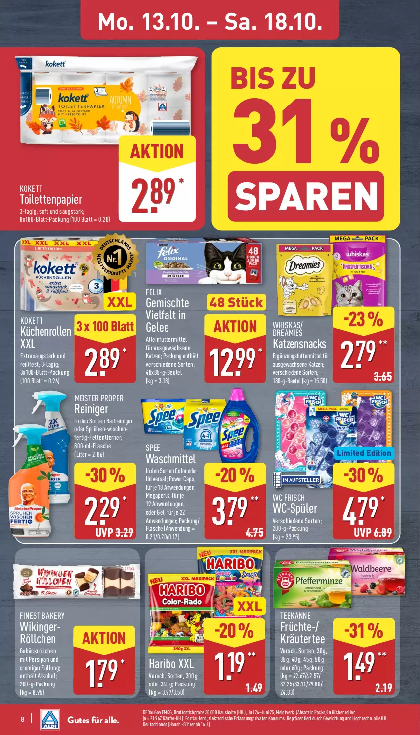 Aktueller Prospekt Aldi Nord - Von Montag - von 13.10 bis 18.10.2025 - strona 8 - produkty: alkohol, alleinfuttermittel, Bad, beutel, brut, Cap, dreamies, eis, Elektro, elle, felix, flasche, früchte, gelee, haribo, HP, katzensnack, katzensnacks, kräuter, küche, Küchen, küchenrolle, küchenrollen, Laufen, megaperls, Meister, meister proper, papier, reiniger, snack, snacks, spee, tee, teekanne, teller, Ti, waschmittel, wc frisch, whiskas, Yo
