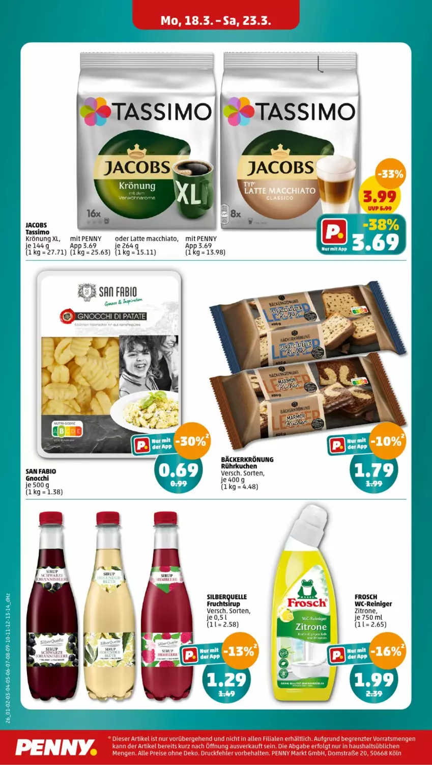 Aktueller Prospekt Penny - Prospekte - von 18.03 bis 23.03.2024 - strona 24 - produkty: ACC, bio, chia, elle, Frosch, frucht, gnocchi, jacobs, kuchen, latte, latte macchiato, mac, macchiato, reiniger, sim, sirup, tassimo, wc-reiniger, zitrone