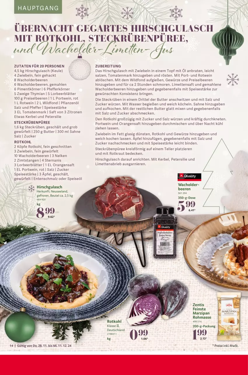 Aktueller Prospekt Selgros - Festliche Rezeptideen - von 28.11 bis 11.12.2024 - strona 14 - produkty: Anrichte, beere, beeren, beutel, binden, braten, brie, butter, decke, eis, Elan, elle, ente, garnier, gewürz, gulasch, Kraut, limette, limetten, malz, Mett, metten, mit zwiebeln, orange, orangen, orangensaft, petersilie, pfeffer, pflanze, pflanzen, Pflanzenöl, Portwein, püree, reis, ring, rotkohl, rotwein, saft, sahne, salz, Schmalz, schnitten, teller, Ti, tomate, tomaten, tomatenmark, topf, wasser, wein, Wild, würfel, zentis, zitrone, zitronen, zucker, zwiebel, zwiebeln