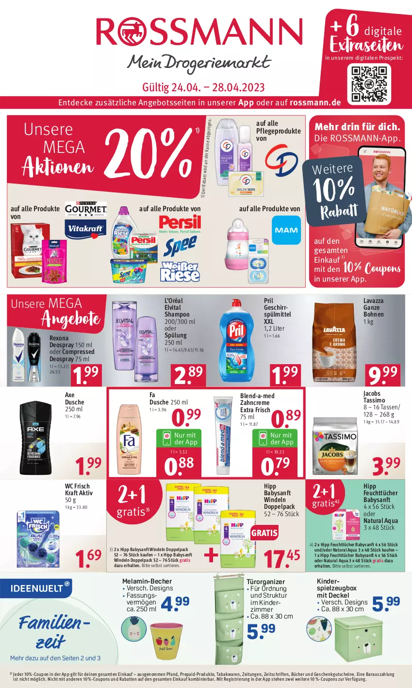 Aktueller Prospekt Rossmann - Prospekte - von 24.04 bis 28.04.2023 - strona 1 - produkty: angebot, angebote, aqua, axe, Becher, blend-a-med, bohne, bohnen, coupon, coupons, creme, decke, Deckel, deo, deospray, deospray 150 ml, dusche, elvital, feuchttücher, geschirr, geschirrspülmittel, gutschein, gutscheine, hipp, jacobs, jacobs tassimo, Kinder, Kinderspiel, Kinderzimmer, kraft, lavazza, lavazza ganze bohne, natur, natura, pril, rexona, shampoo, sim, spielzeug, spülmittel, spülung, tasse, tassimo, Ti, Tiere, tücher, vita, wc frisch, WC Frisch Kraft Aktiv, windeln, zahncreme