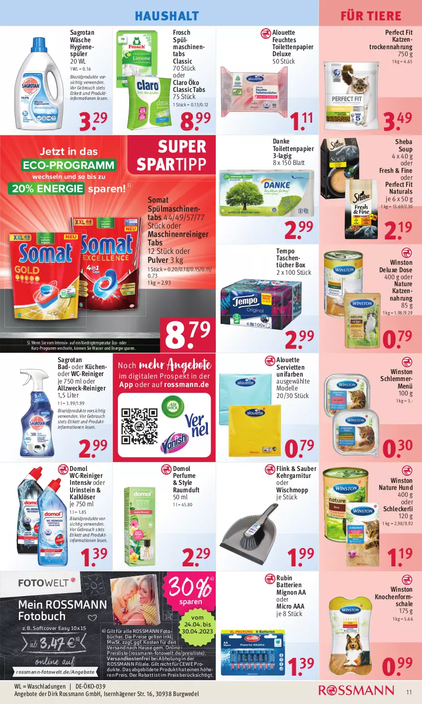 Aktueller Prospekt Rossmann - Prospekte - von 24.04 bis 28.04.2023 - strona 17 - produkty: alouette, angebot, angebote, Bad, batterie, batterien, bio, biozidprodukte, buch, cewe, dell, Domol, Dr. Beckmann, eis, elle, feuchtes toilettenpapier, Fotobuch, Frosch, garnitur, hygienespüler, katzennahrung, Kehrgarnitur, küche, Küchen, maschinenreiniger, Mode, natur, natura, ndk, papier, Perfect Fit, Rauch, Raumduft, reiniger, reis, Rubin, rwe, sagrotan, Schal, Schale, Serviette, servietten, sheba, somat, spartipp, spülmaschinen, spülmaschinentabs, Tasche, taschen, taschentücher, Tempo, Ti, Tiere, toilettenpapier, Trockennahrung, tücher, versandkostenfrei, wasser, wc-reiniger, weck, wedel, Wischmopp