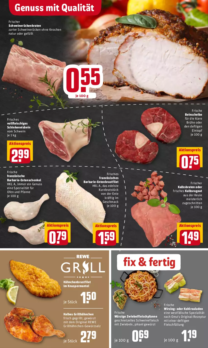 Aktueller Prospekt Rewe - Diese Woche im Angebot! - von 21.02 bis 26.02.2022 - strona 6 - produkty: aktionspreis, braten, Brühe, brustfilet, eintopf, eis, ente, Entenbrust, Entenschenkel, filet, fleisch, geschnetzeltes, gewürz, gewürzsalz, gin, grill, grillhähnchen, hähnchenbrust, hähnchenbrustfilet, henkel, HP, Kohlrouladen, mac, Mantel, Meister, mit zwiebeln, natur, nuss, Ofen, pfanne, Ragout, reis, rezept, rouladen, Rückenbraten, salz, schenkel, schinken, schnitten, schwein, schweine, schweinefleisch, schweinerücken, Spezi, Ti, topf, und pfanne, wein, weine, Wirsing, Zelt, zwiebel, zwiebeln