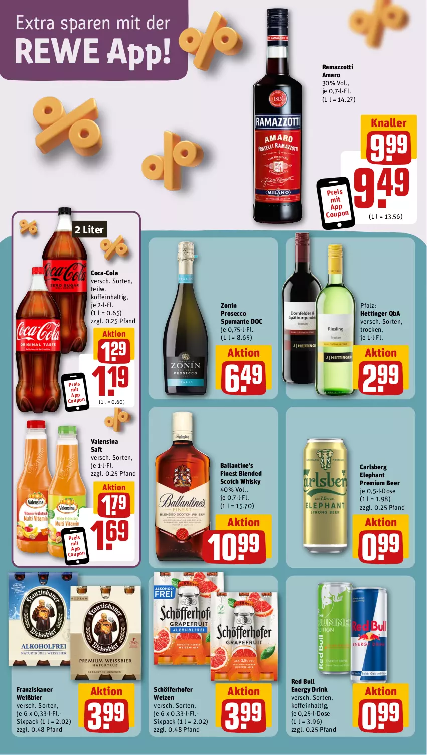 Aktueller Prospekt Rewe - Prospekte - von 19.08 bis 24.08.2024 - strona 11 - produkty: amaro, ball, bier, blended scotch, blended scotch whisky, carlsberg, coca-cola, cola, coupon, drink, ecco, eis, energy drink, franziskaner, prosecco, puma, rama, ramazzott, ramazzotti, red bull, reis, saft, schöfferhofer, scotch, scotch whisky, spumante, Ti, valensina, whisky, zonin, zott