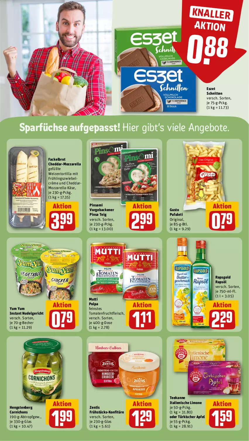 Aktueller Prospekt Rewe - Prospekte - von 19.08 bis 24.08.2024 - strona 12 - produkty: angebot, angebote, apfel, Becher, brot, cheddar, eis, fleisch, frucht, fruchtfleisch, geback, gin, hengstenberg, Käse, konfitüre, LG, limo, mozzarella, Mutti, nudel, Nudelgericht, rapsöl, rel, schnitten, tee, teekanne, Ti, tomate, tomaten, tortilla, Yum Yum, zentis, zwiebel