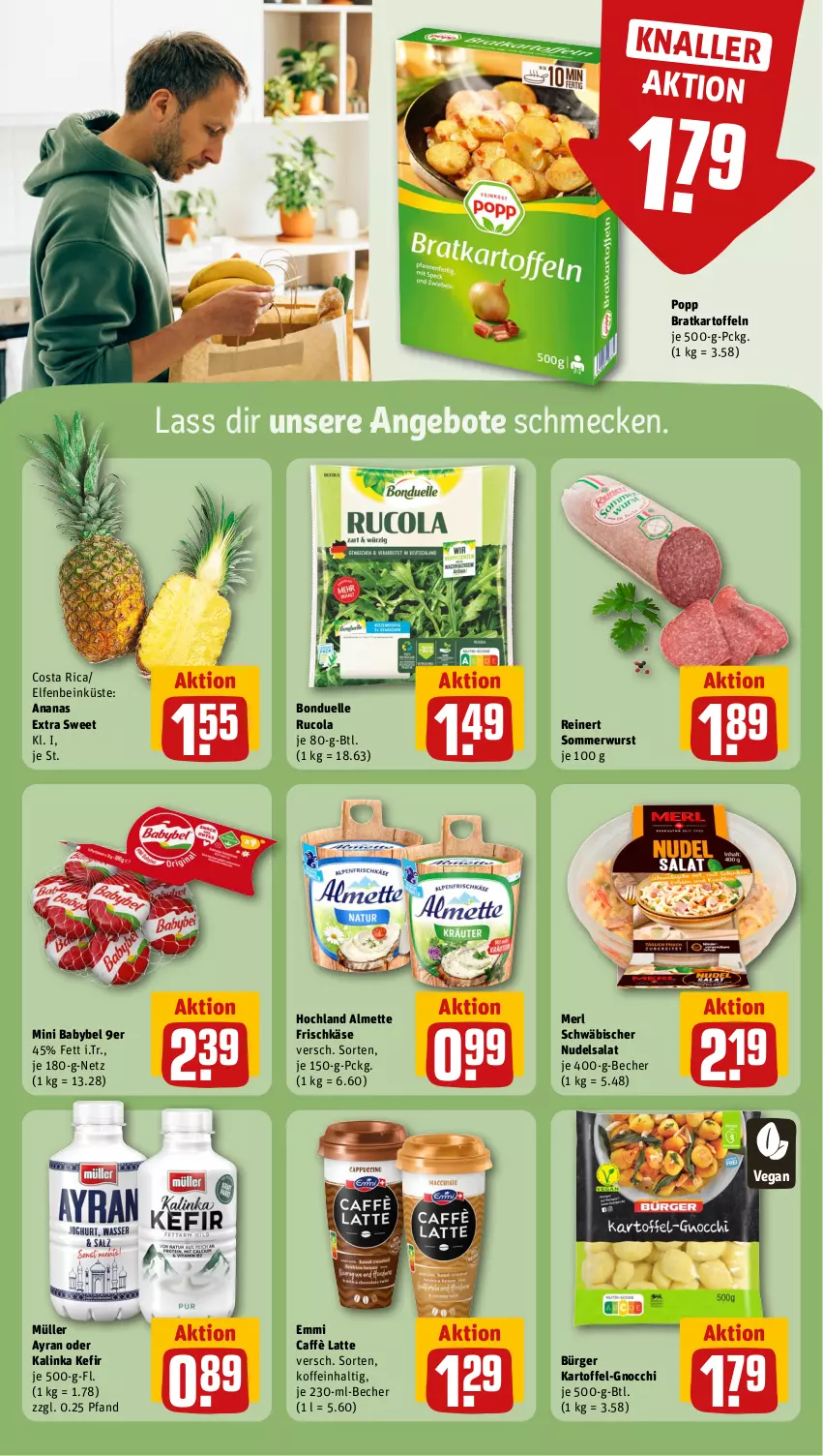 Aktueller Prospekt Rewe - Prospekte - von 19.08 bis 24.08.2024 - strona 13 - produkty: almette, ananas, angebot, angebote, Ayran, babybel, Becher, bonduelle, caffè latte, cola, elle, emmi, frischkäse, gnocchi, hochland, kartoffel, kartoffeln, Käse, Kefir, latte, merl, Mett, mini babybel, Müller, nudel, nudelsalat, Popp, reinert, rucola, salat, Ti, wurst