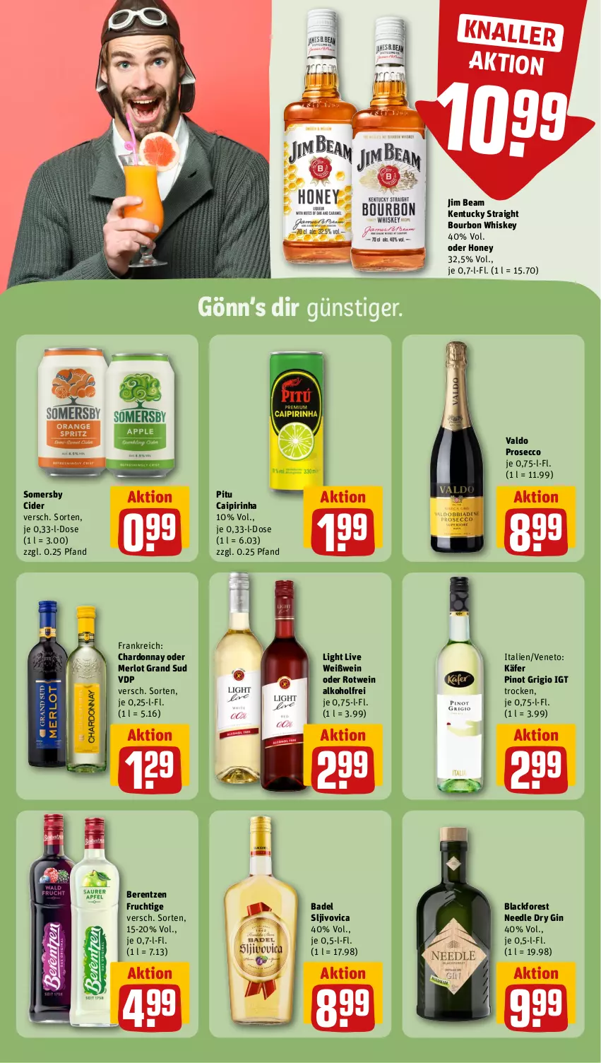 Aktueller Prospekt Rewe - Prospekte - von 19.08 bis 24.08.2024 - strona 14 - produkty: alkohol, Bad, berentzen, bourbon, bourbon whiskey, caipirinha, chardonnay, cider, dry gin, ecco, frucht, gin, grand sud, jim beam, käfer, kentucky straight, lack, merl, merlot, Pinot, pinot grigio, prosecco, rotwein, somersby, Ti, tuc, valdo, wein, Weißwein, whiskey