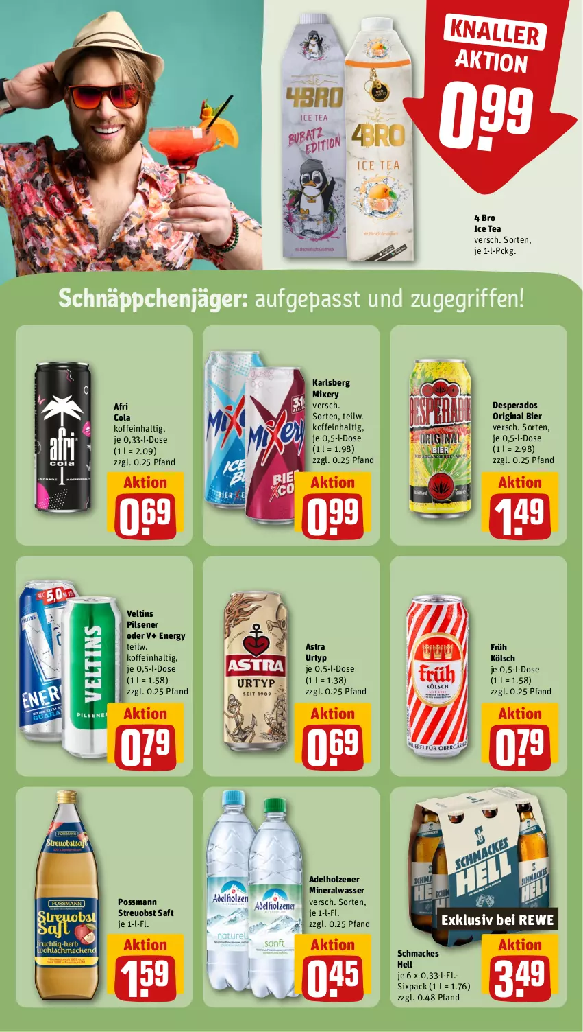 Aktueller Prospekt Rewe - Prospekte - von 19.08 bis 24.08.2024 - strona 15 - produkty: adelholzener, Afri Cola, Alwa, Astra, bier, cola, desperados, Früh Kölsch, gin, Holz, ice tea, karlsberg, karlsberg mixery, mac, mineralwasser, Mixer, mixery, obst, pils, pilsener, saft, schnäppchen, Ti, urtyp, veltins, veltins pilsener, wasser