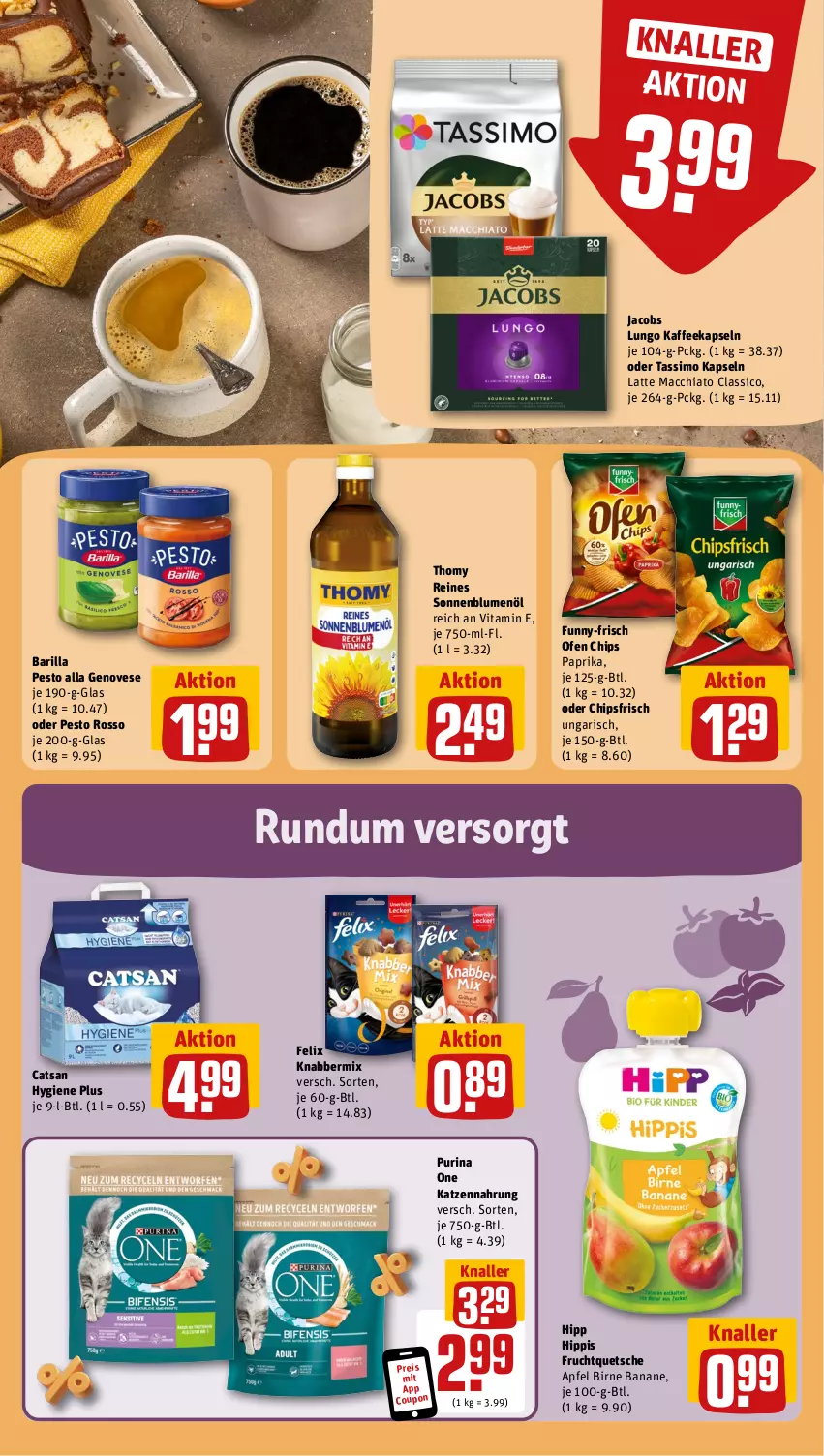 Aktueller Prospekt Rewe - Prospekte - von 19.08 bis 24.08.2024 - strona 16 - produkty: ACC, apfel, banane, barilla, blume, blumen, blumenöl, catsan, chia, chips, chipsfrisch, classico, coupon, eis, felix, frucht, funny-frisch, genovese, hipp, jacobs, kaffee, kaffeekapseln, katzennahrung, latte, latte macchiato, lungo, mac, macchiato, Ofen, paprika, pesto, purina, reis, sim, sonnenblume, sonnenblumen, sonnenblumenöl, tassimo, thomy, Ti, vita