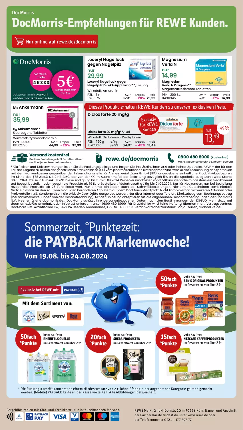 Aktueller Prospekt Rewe - Prospekte - von 19.08 bis 24.08.2024 - strona 18 - produkty: angebot, angebote, Apotheke, Avanti, Ben’s Original, decke, Diclofenac, eier, eis, elle, ente, erde, gin, gutschein, gutscheine, ilag, kaffee, lack, LG, mac, magnesium, Nagellack, ndk, nescafe, Ofen, payback, preisvorteil, reis, rezept, rezepte, rheinfels quelle, saft, sheba, sofortrabatt, Spezi, tablet, tablett, Tablette, telefon, Ti, Tiere, tisch, uhr, versandkostenfrei, weck