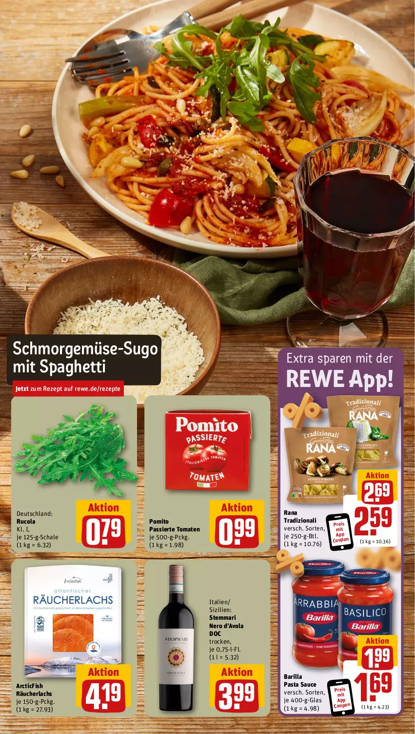 Aktueller Prospekt Rewe - Prospekte - von 19.08 bis 24.08.2024 - strona 5 - produkty: barilla, cola, coupon, eis, lachs, nero, pasta, Pasta Sauce, pomito, Rana, Räucherlachs, reis, rezept, rezepte, rucola, sauce, Schal, Schale, spaghetti, Sugo, Ti, tomate, tomaten