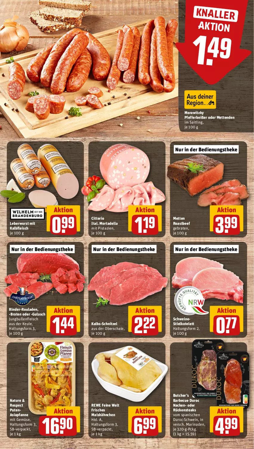 Aktueller Prospekt Rewe - Prospekte - von 19.08 bis 24.08.2024 - strona 8 - produkty: barbecue, beef, braten, dell, eis, fleisch, gulasch, jungbullen, Kalbfleisch, kotelett, leberwurst, mais, marinade, Mett, metten, Mettenden, mit gemüse, mit kalbfleisch, mit pistazien, mortadella, natur, pfanne, pfeffer, Pfefferbeißer, pistazien, pute, rewe feine welt, rind, rinder, rinder-rouladen, roastbeef, rouladen, Rückensteak, rückensteaks, Schal, Schale, schnitzel, schwein, schweine, steak, steaks, Ti, wein, weine, wurst