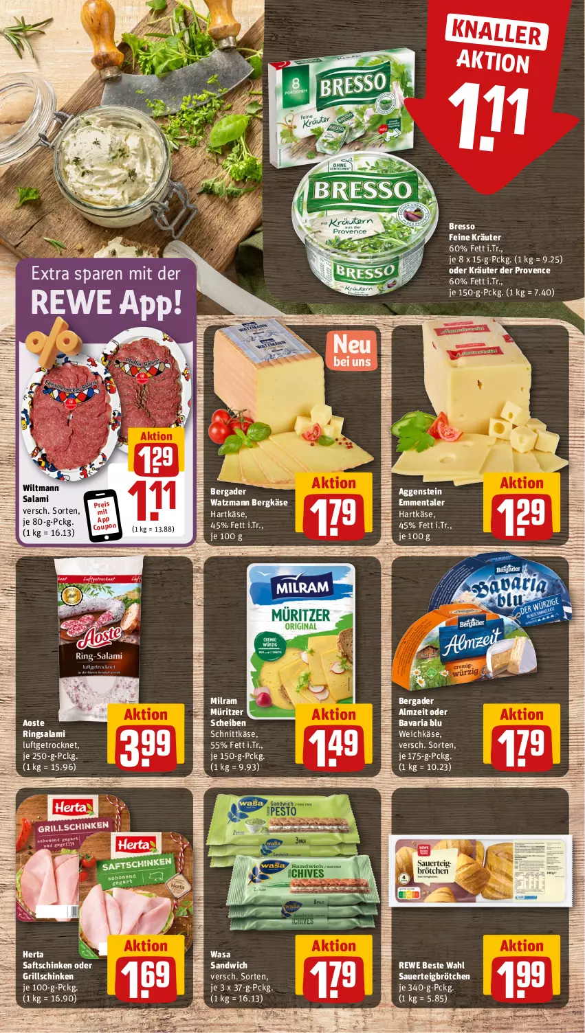 Aktueller Prospekt Rewe - Prospekte - von 19.08 bis 24.08.2024 - strona 9 - produkty: auer, bavaria blu, bergader, Bergkäse, bresso, brötchen, coupon, eis, emmentaler, grill, hartkäse, herta, Käse, kräuter, milram, oder kräuter, reis, rewe beste wahl, Ria, ring, saft, saftschinken, salami, sandwich, schinken, schnittkäse, Ti, wasa, weichkäse, wiltmann