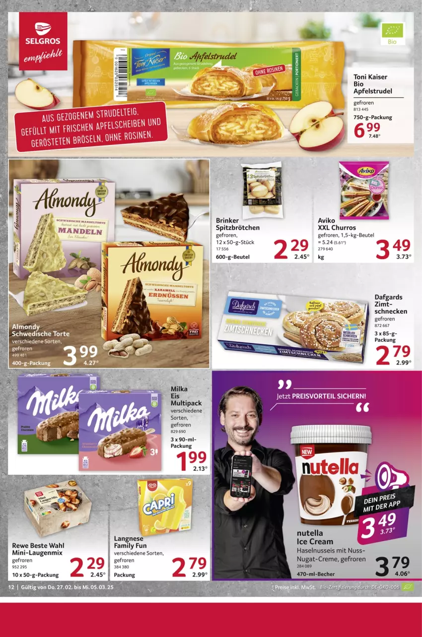 Aktueller Prospekt Selgros - Food - von 27.02 bis 05.03.2025 - strona 12 - produkty: apfel, Apfelstrudel, beutel, bio, brötchen, creme, eis, haselnuss, Kaiser, langnese, nuss, nutella, rewe beste wahl, Strudel, Ti, torte, Wels