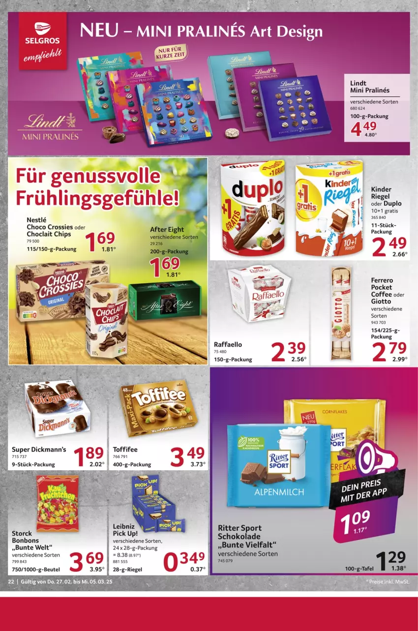 Aktueller Prospekt Selgros - Food - von 27.02 bis 05.03.2025 - strona 22 - produkty: beutel, bonbons, chips, choclait chips, choco crossies, crossies, duplo, ente, ferrero, giotto, leibniz, lindt, Pick Up!, raffaello, riegel, ritter, ritter sport, schoko, schokolade, Sport, storck, Ti, toffifee