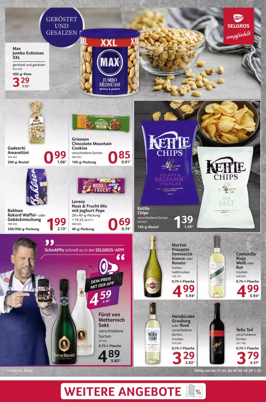 Aktueller Prospekt Selgros - Food - von 27.02 bis 05.03.2025 - strona 23 - produkty: bahlsen, bett, beutel, cola, cookie, cookies, ecco, erdnüsse, flasche, frizzante, frucht, fürst von metternich, gebäckmischung, griesson, joghur, joghurt, jumbo, lorenz, martini, Mett, metternich, nuss, rioja, rosato, salz, sekt, Ti