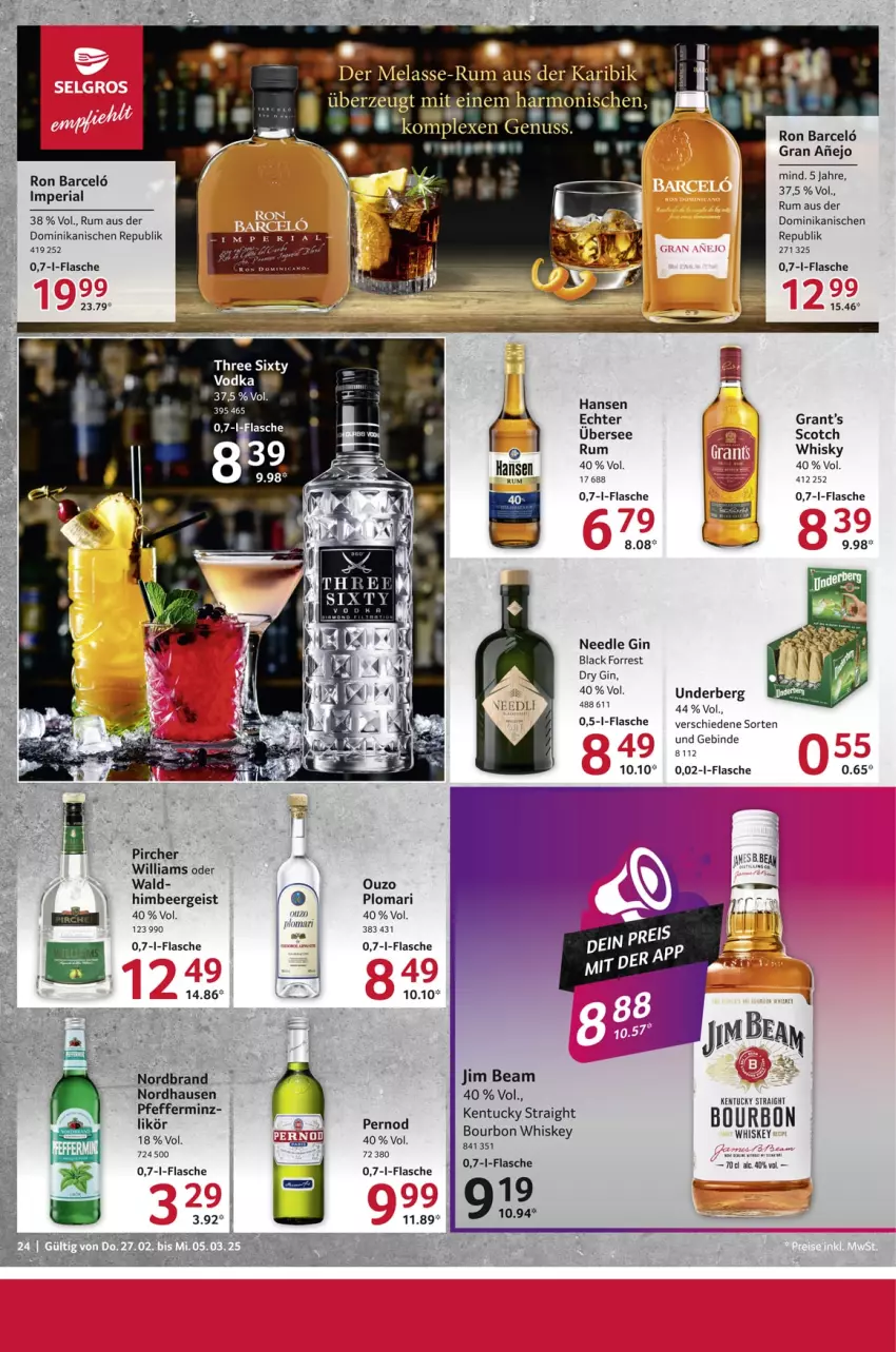 Aktueller Prospekt Selgros - Food - von 27.02 bis 05.03.2025 - strona 24 - produkty: bourbon, bourbon whiskey, dry gin, eis, flasche, gin, himbeer, jim beam, kentucky straight, lack, likör, nordbrand, ouzo, pfeffer, pircher, rel, Ria, rum, scotch, tee, tuc, underberg, whiskey, whisky