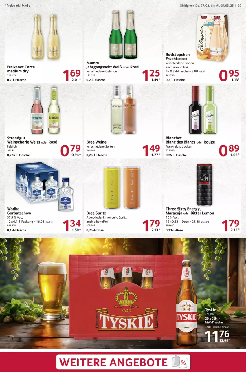 Aktueller Prospekt Selgros - Food - von 27.02 bis 05.03.2025 - strona 29 - produkty: alkohol, aperol, bitter lemon, bree, ecco, eis, flasche, freixenet, frucht, fruchtsecco, Gorbatschow, jahrgangssekt, limo, maracuja, mumm, mw-flasche, reis, rotkäppchen, rouge, rum, schorle, sekt, Three Sixty, Ti, tyskie, wein, weine, weinschorle, wodka, Yo