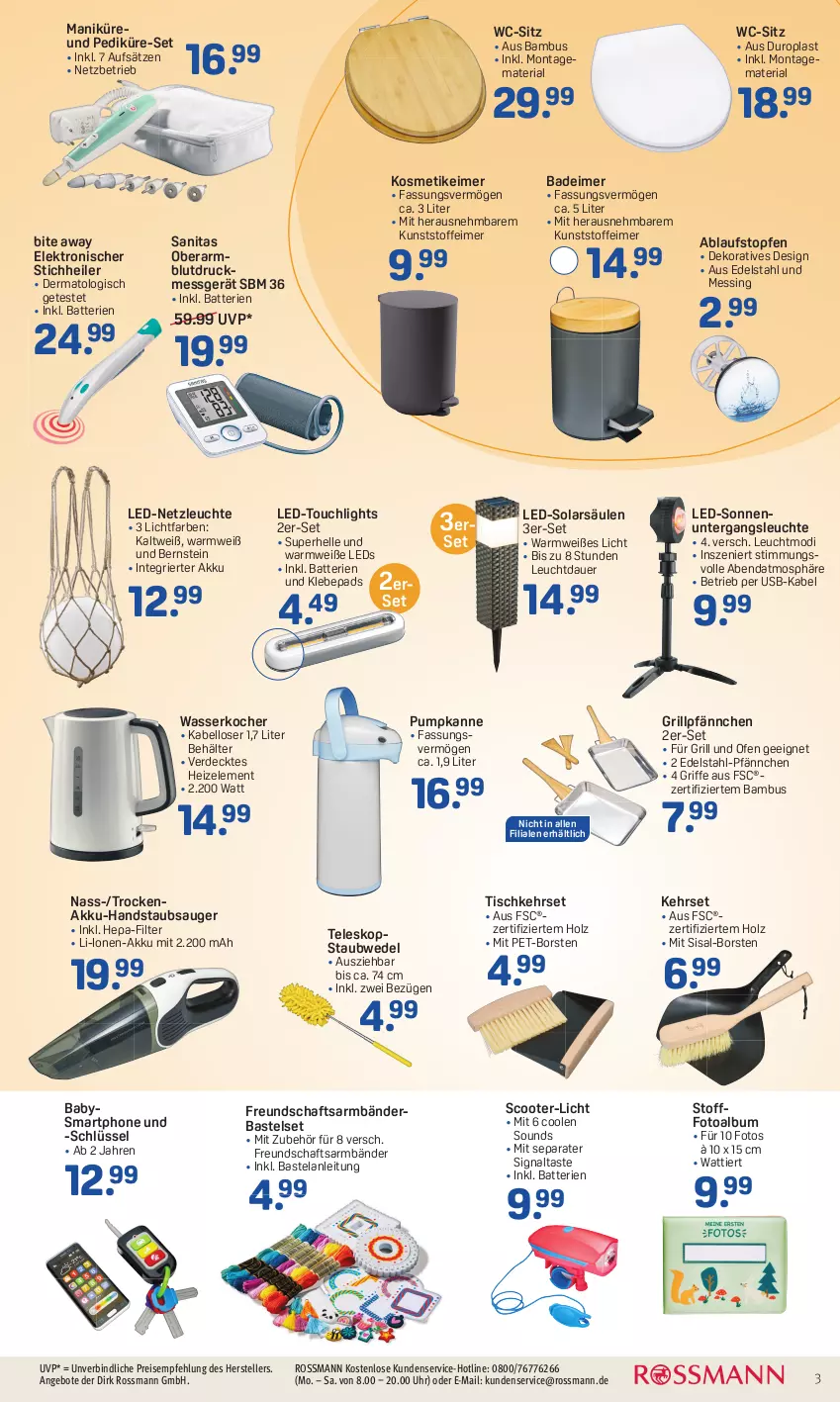 Aktueller Prospekt Rossmann - Prospekte - von 22.08 bis 26.08.2022 - strona 3 - produkty: akku, akku-handstaubsauger, angebot, angebote, auer, Bad, bambus, batterie, batterien, Behälter, Blutdruckmessgerät, edelstahl, eimer, eis, Elan, Elektro, elle, erde, grill, handstaubsauger, Holz, Kocher, kosmetik, kosmetikeimer, leds, Leuchte, Ofen, reis, Ria, scooter, Signal, smartphone, staubsauger, staubwedel, Teleskop, teller, Ti, tisch, topf, Topfen, uhr, usb, wasser, wasserkocher, wc-sitz, wedel