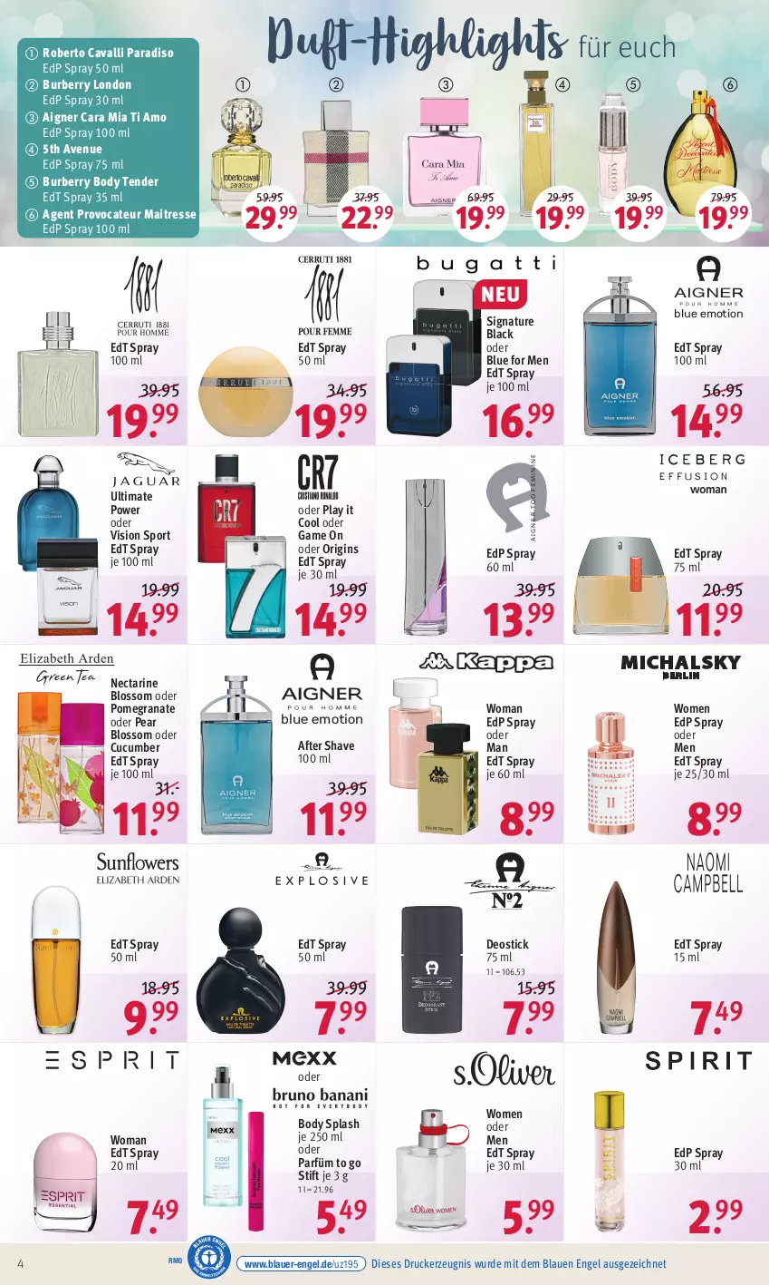 Aktueller Prospekt Rossmann - Prospekte - von 22.08 bis 26.08.2022 - strona 4 - produkty: after shave, aigner, auer, body, Burberry, Cava, deo, Deostick, drucker, edp spray, edt spray, Engel, gin, grana, kerze, lack, natur, Rana, Roberto Cavalli, Sport, tender, Ti