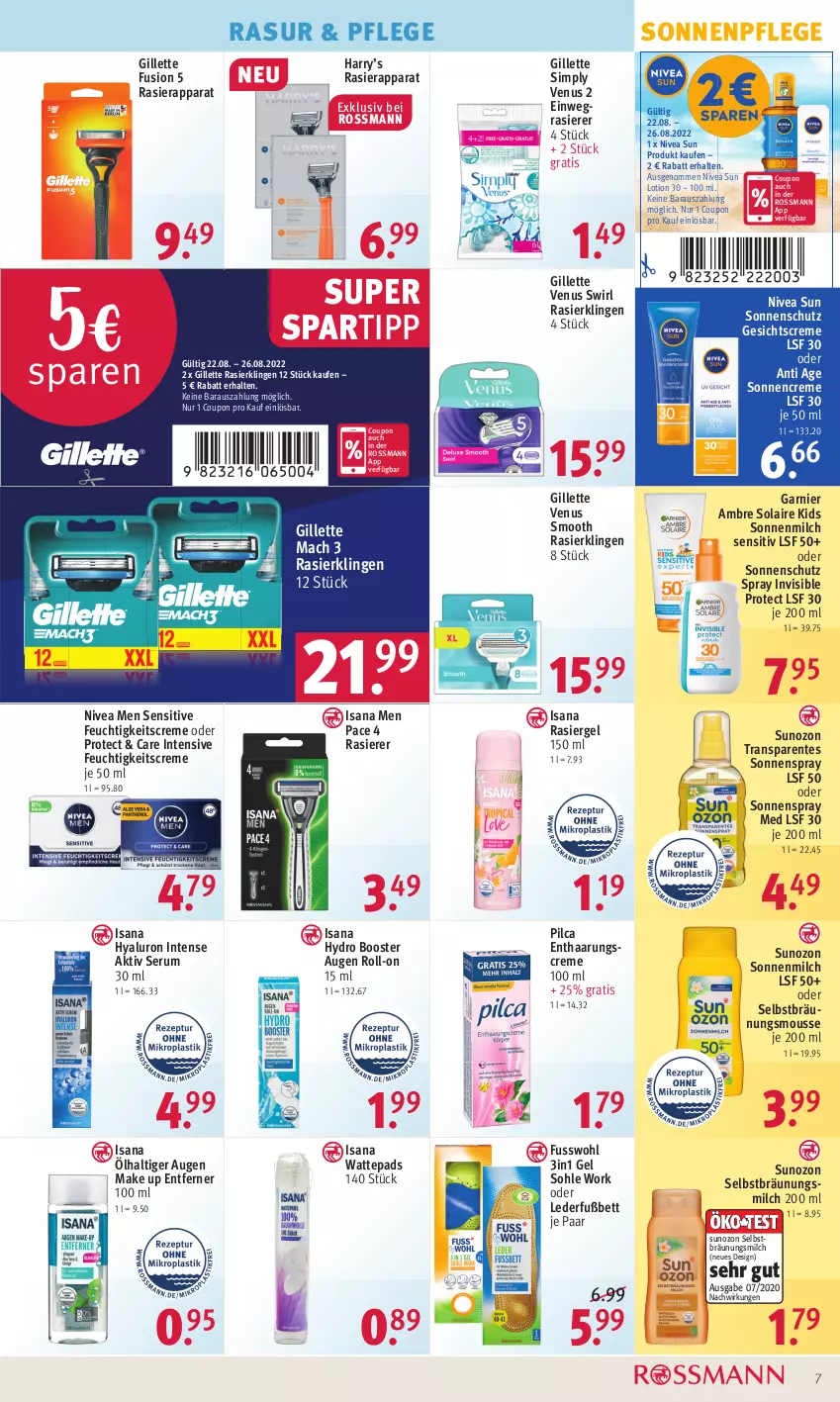 Aktueller Prospekt Rossmann - Prospekte - von 22.08 bis 26.08.2022 - strona 7 - produkty: Ambre Solaire, bett, coupon, creme, einwegrasierer, ente, feuchtigkeitscreme, Fusswohl, garnier, Gesichtscreme, gillette, gillette venus, hyaluron, isana, Lotion, mac, make up, milch, mousse, nivea, Nivea Men, nivea sun, Pilca, rasierapparat, rasierer, rasiergel, Rasierklinge, rasierklingen, roll-on, rum, sana, Serum, sim, sonnencreme, sonnenmilch, sonnenschutz, sonnenspray, spartipp, Sun Lotion, swirl, Ti, venus, wattepads