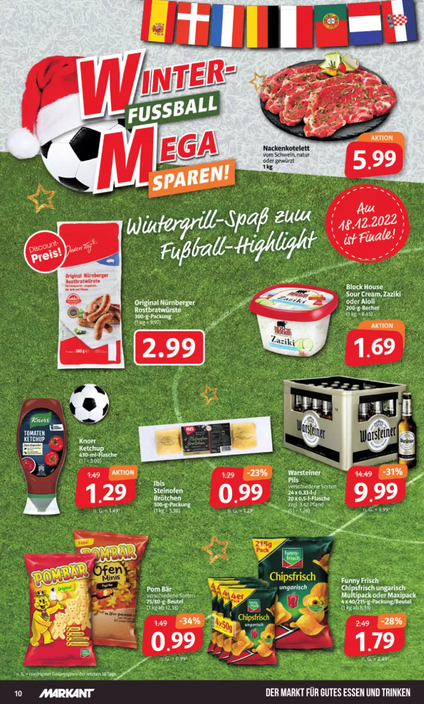 Aktueller Prospekt Markant - Prospekte - von 12.12 bis 17.12.2022 - strona 10 - produkty: aioli, ball, Becher, Berger, beutel, brötchen, flasche, Fußball, gewürz, gin, kotelett, LG, natur, nürnberger, pils, schwein, tee, Ti, tomate, tomaten, wein