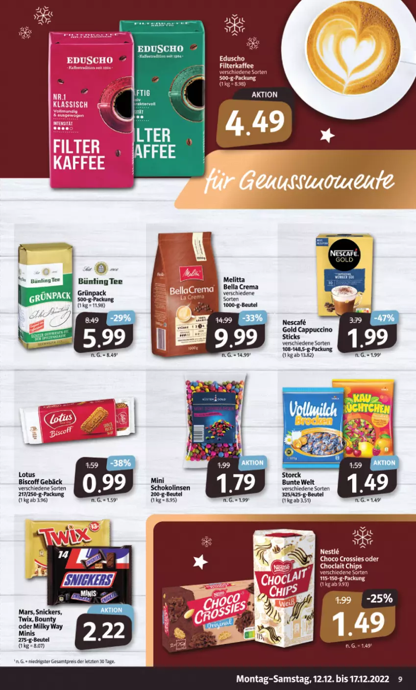 Aktueller Prospekt Markant - Prospekte - von 12.12 bis 17.12.2022 - strona 9 - produkty: beutel, biscoff, bounty, Cap, cappuccino, cin, eis, linsen, mars, milky way, nescafe, reis, schoko, Schokolinsen, snickers, storck, Ti, twix, ZTE