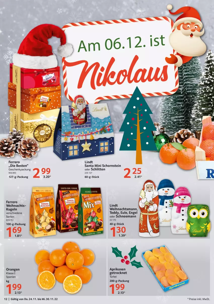 Aktueller Prospekt Selgros - Food - von 24.11 bis 30.11.2022 - strona 12 - produkty: aprikose, aprikosen, eis, Engel, ferrero, geschenkpackung, Kugel, lindt, orange, orangen, reis, Schlitten, Ti