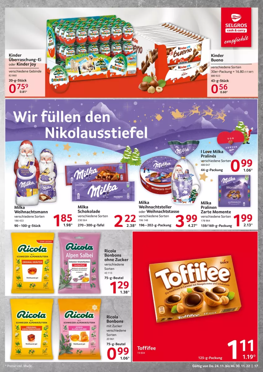 Aktueller Prospekt Selgros - Food - von 24.11 bis 30.11.2022 - strona 17 - produkty: alpenmilch, beutel, bonbons, cola, elle, ente, Kinder, kräuter, kräutern, mandel, milch, milka, pralinen, rama, Ricola, schoko, schokolade, tasse, teller, Ti, zucker