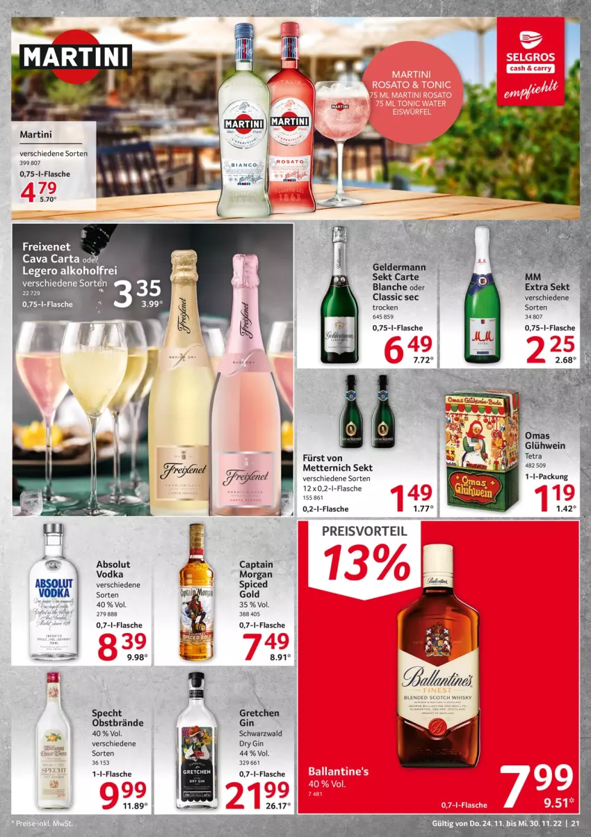 Aktueller Prospekt Selgros - Food - von 24.11 bis 30.11.2022 - strona 21 - produkty: alkohol, Cap, Cava, dry gin, eis, flasche, freixenet, geldermann, gin, Glühwein, martini, Mett, metternich, obst, preisvorteil, reis, sekt, specht, Ti, vodka, wein