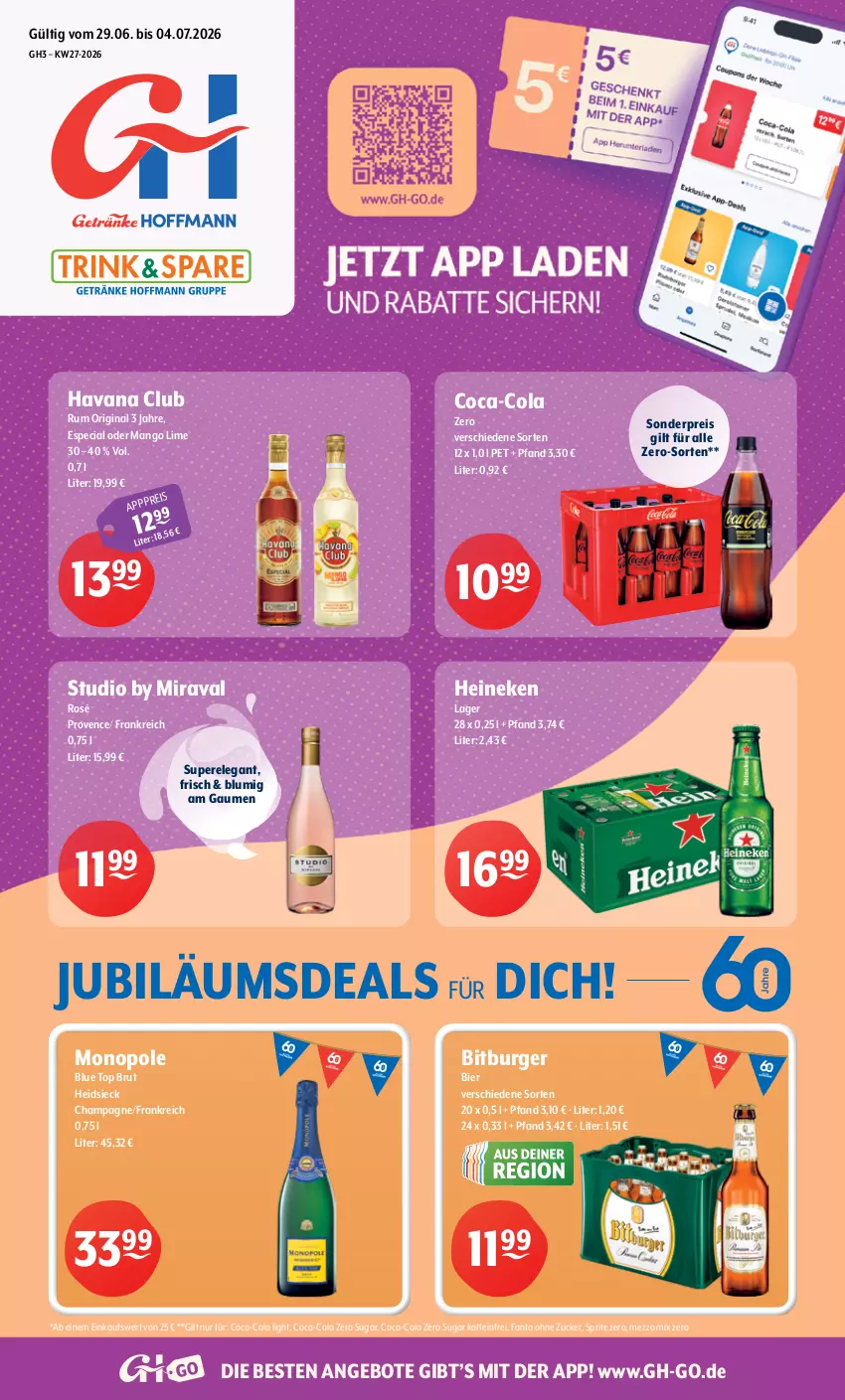 Aktueller Prospekt Getraenke Hoffmann - Prospekte - von 29.06 bis 04.07.2026 - strona 1 - produkty: angebot, angebote, bier, bitburger, brut, burger, champagne, coca-cola, cola, eis, fanta, gin, Havana Club, heineken, Jubiläums, mango, Mezzo Mix, reis, rel, rum, sprite, Ti, zucker