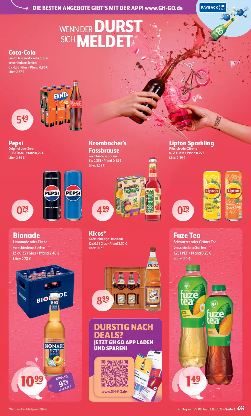 Aktueller Prospekt Getraenke Hoffmann - Prospekte - von 29.06 bis 04.07.2026 - strona 3 - produkty: angebot, angebote, bio, bionade, brause, coca-cola, cola, eis, eistee, fanta, fassbrause, fuze tea, gin, grüner tee, krombache, krombacher, limo, limonade, lipton, Mezzo Mix, oder sprite, pepsi, pfirsich, sprite, tee, Ti, zitrone