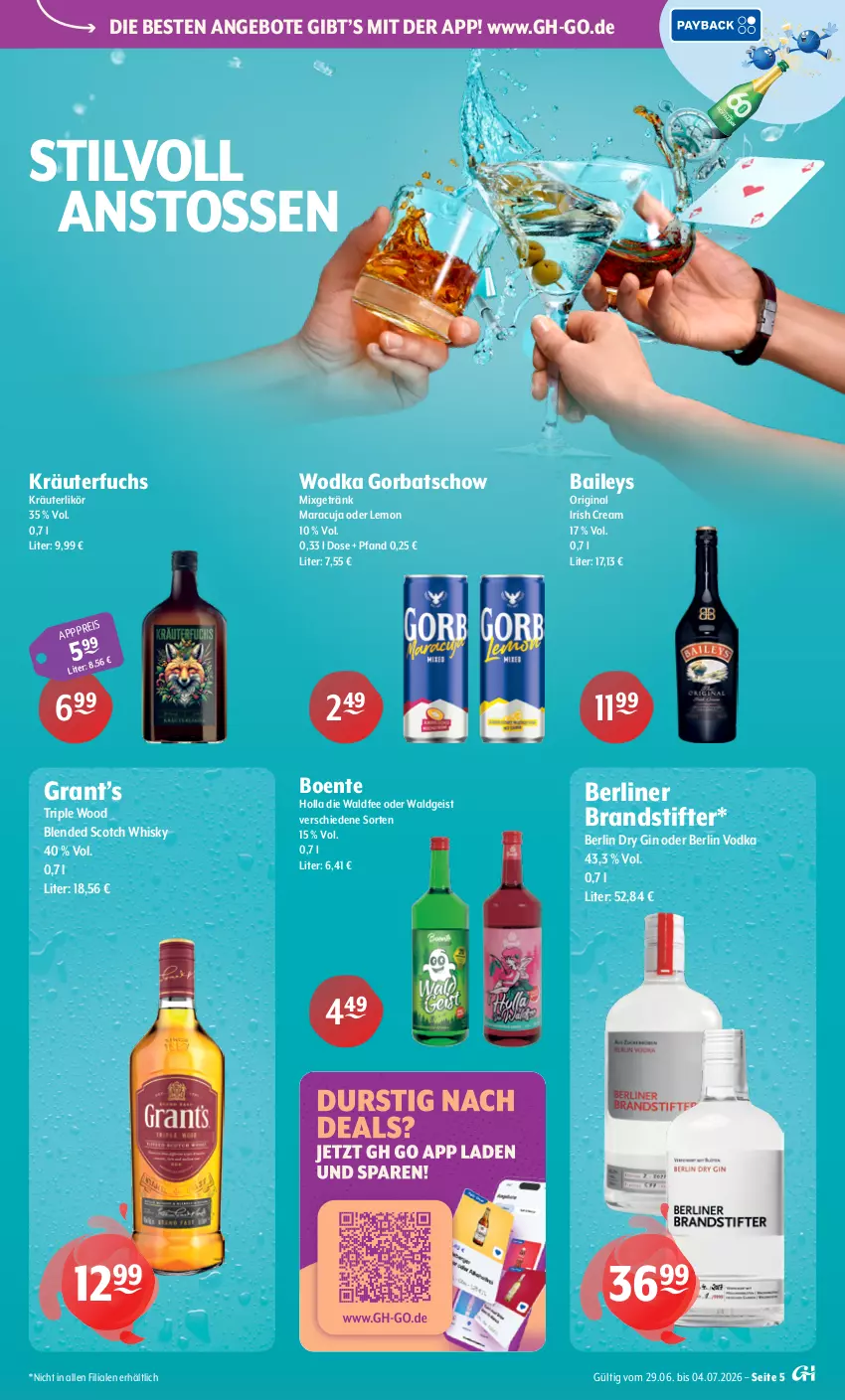 Aktueller Prospekt Getraenke Hoffmann - Prospekte - von 29.06 bis 04.07.2026 - strona 5 - produkty: angebot, angebote, baileys, berliner, blended scotch, blended scotch whisky, dry gin, eis, ente, getränk, gin, Gorbatschow, irish cream, kräuter, kräuterlikör, likör, maracuja, Mixgetränk, scotch, scotch whisky, stifte, Ti, vodka, whisky, wodka