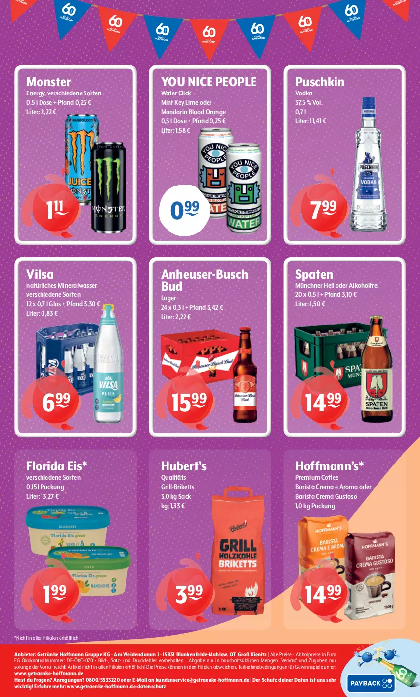 Aktueller Prospekt Getraenke Hoffmann - Prospekte - von 29.06 bis 04.07.2026 - strona 8 - produkty: abholpreise, alkohol, Alwa, briketts, eis, getränk, getränke, gewinnspiel, grill, Heu, mineralwasser, mint, monster, Monster Energy, natürliches mineralwasser, orange, puschkin vodka, reis, sac, Spaten, Spiele, Ti, vilsa, vodka, wasser, Yo