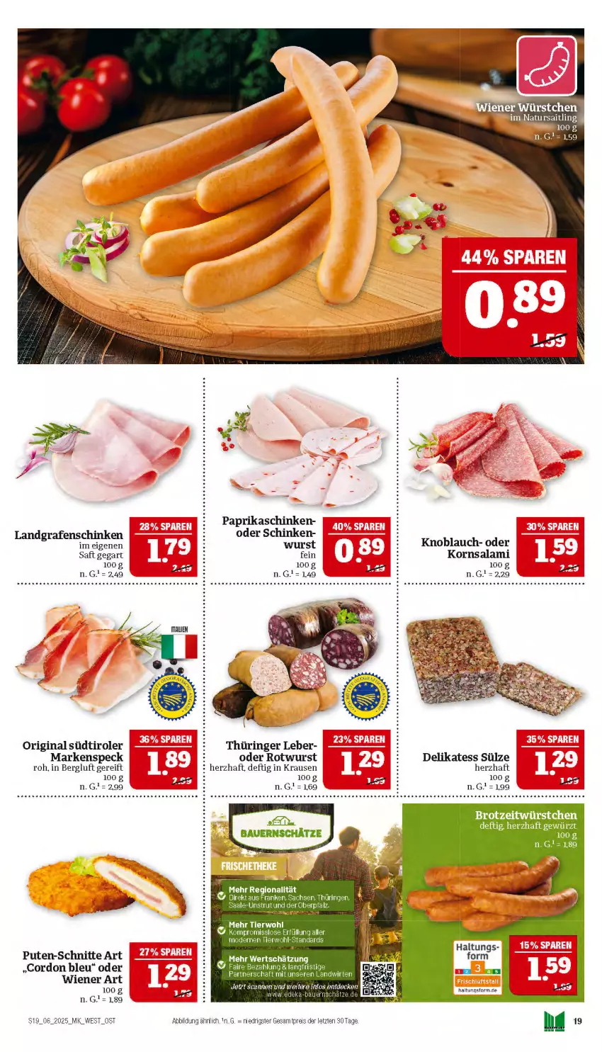 Aktueller Prospekt Marktkauf - Prospekt - von 02.02 bis 08.02.2025 - strona 19 - produkty: auer, Bau, Bauer, brot, cordon bleu, eis, gewürz, gin, knoblauch, korn, Landgrafenschinken, natur, paprika, pute, reis, ring, Rotwurst, saft, salami, schinken, Speck, südtiroler, Ti, wiener, wurst, würstchen, ZTE