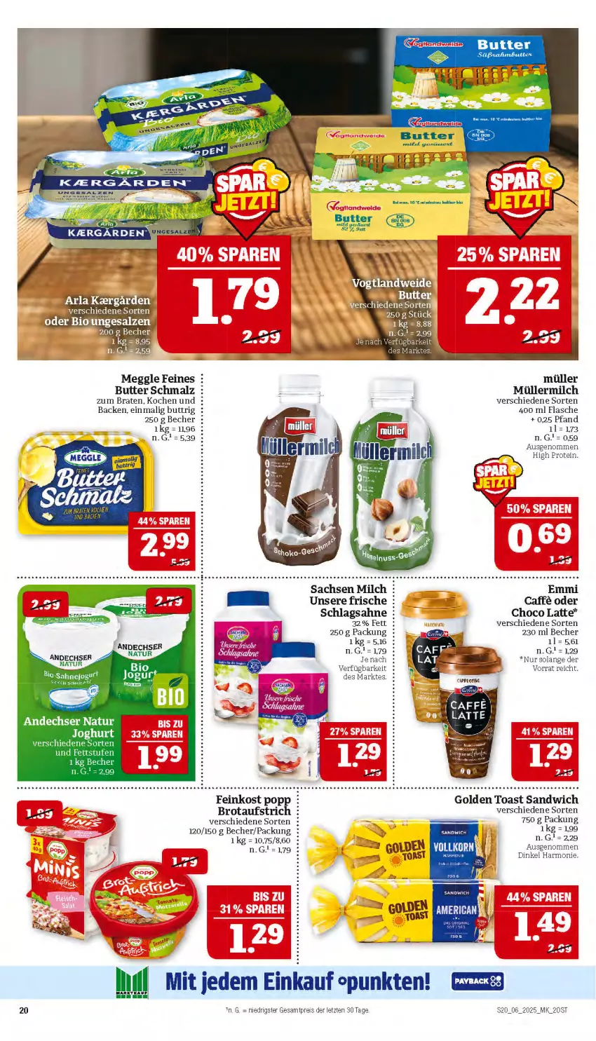 Aktueller Prospekt Marktkauf - Prospekt - von 02.02 bis 08.02.2025 - strona 20 - produkty: aufstrich, Becher, braten, brot, brotaufstrich, butter, caffe, eis, emmi, feinkost, flasche, golden toast, joghur, joghurt, latte, malz, meggle, milch, Müller, müllermilch, natur, Popp, reis, sac, sahne, sandwich, schlagsahne, Schmalz, toast, ZTE