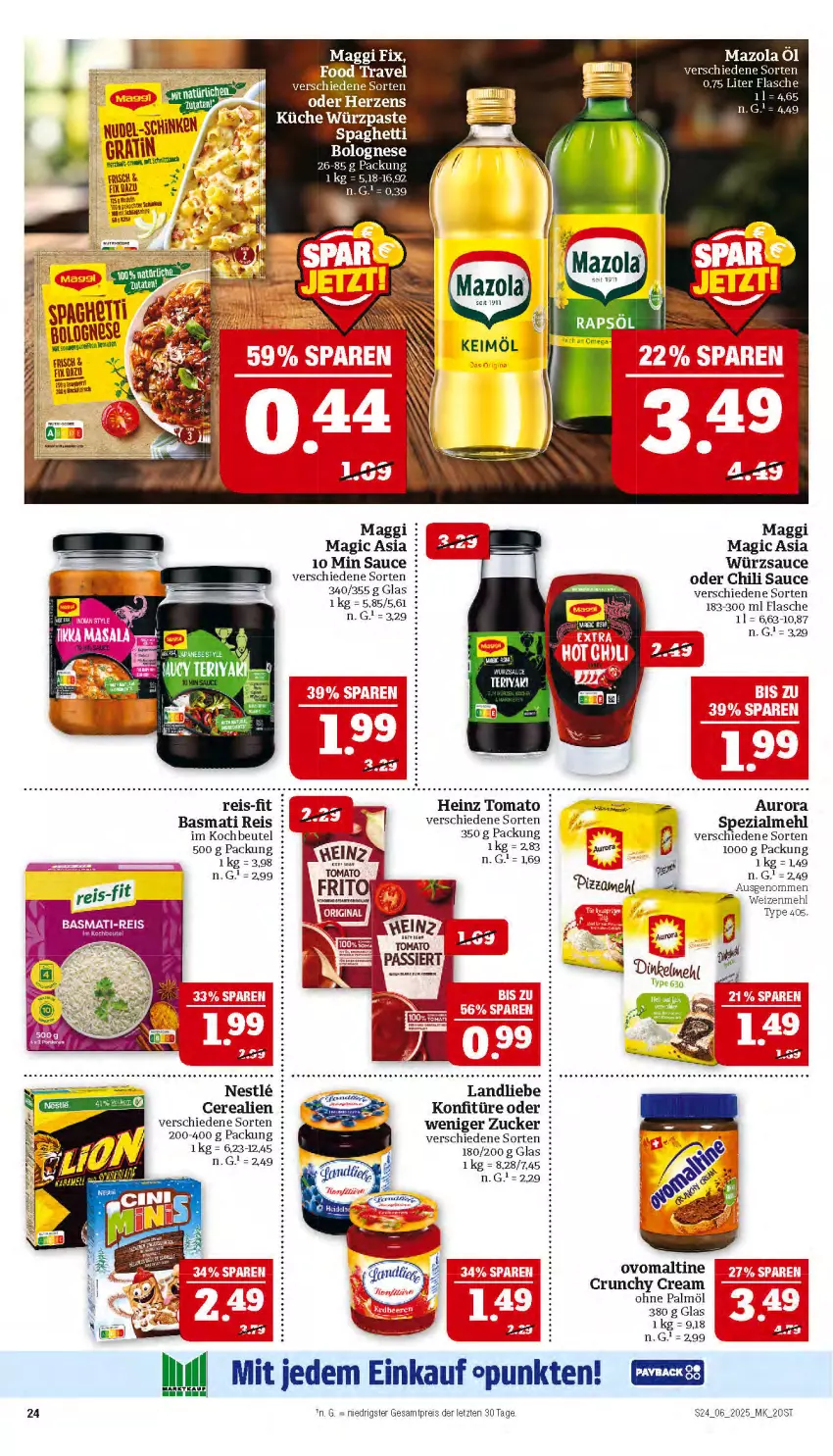 Aktueller Prospekt Marktkauf - Prospekt - von 02.02 bis 08.02.2025 - strona 24 - produkty: basmati, Basmati Reis, beutel, bolognese, cerealien, chili, eis, flasche, heinz, kochbeutel, konfitüre, landliebe, maggi, mazola, mehl, ohne palmöl, omega, ovomaltine, pizza, Pizzamehl, reis, reis-fit, sauce, schinken, spaghetti, Spezi, Ti, weizenmehl, würzsauce, ZTE, zucker