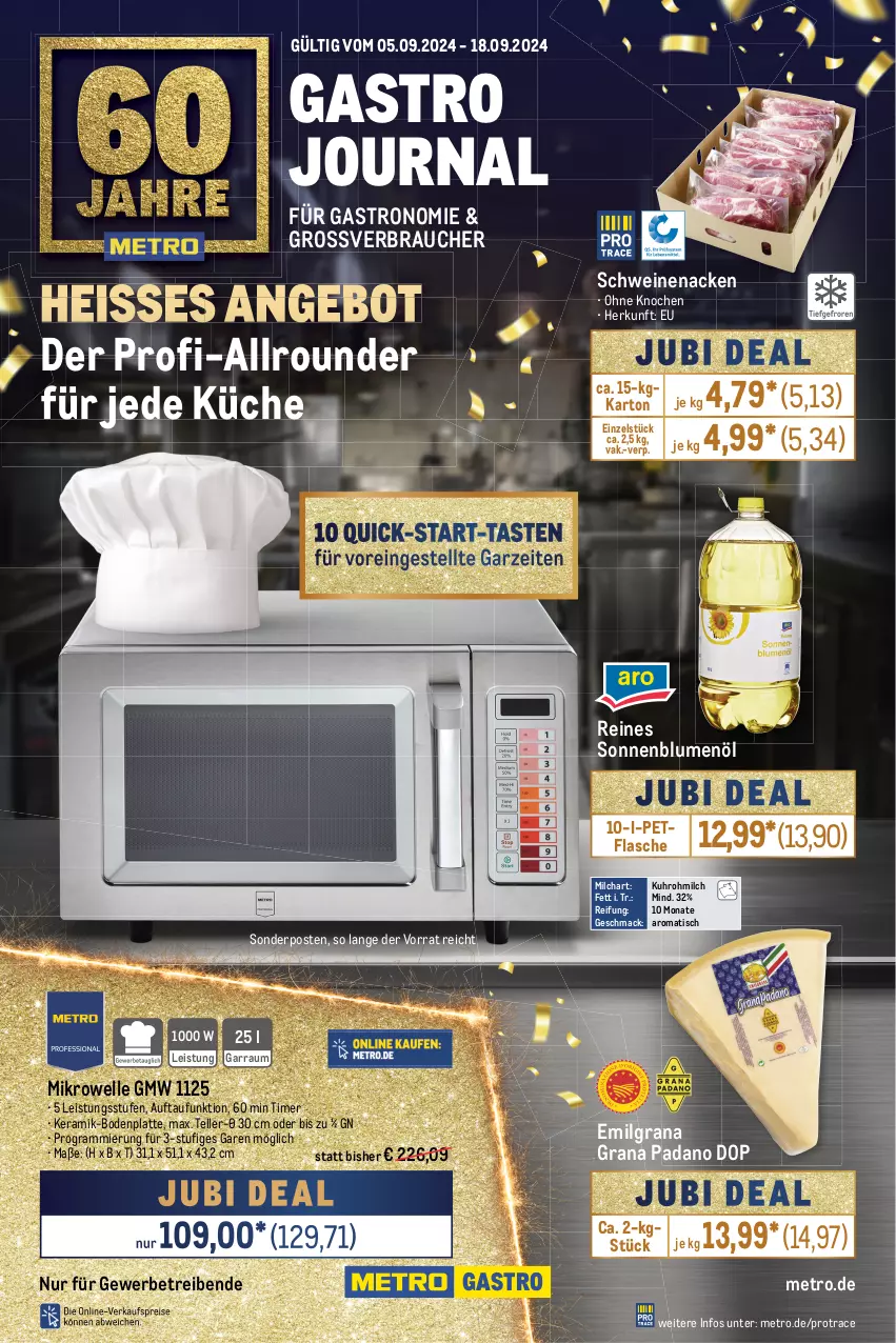 Aktueller Prospekt Metro - GastroJournal - von 05.09 bis 18.09.2024 - strona 1 - produkty: angebot, blume, blumen, blumenöl, Bodenplatte, eis, elle, flasche, garraum, grana, grana padano, küche, latte, LG, mac, Metro, mikrowelle, milch, padano, Rana, Rauch, schwein, schweine, schweinenacken, sonderposten, sonnenblume, sonnenblumen, sonnenblumenöl, teller, Ti, timer, tisch, uhr, wein, weine