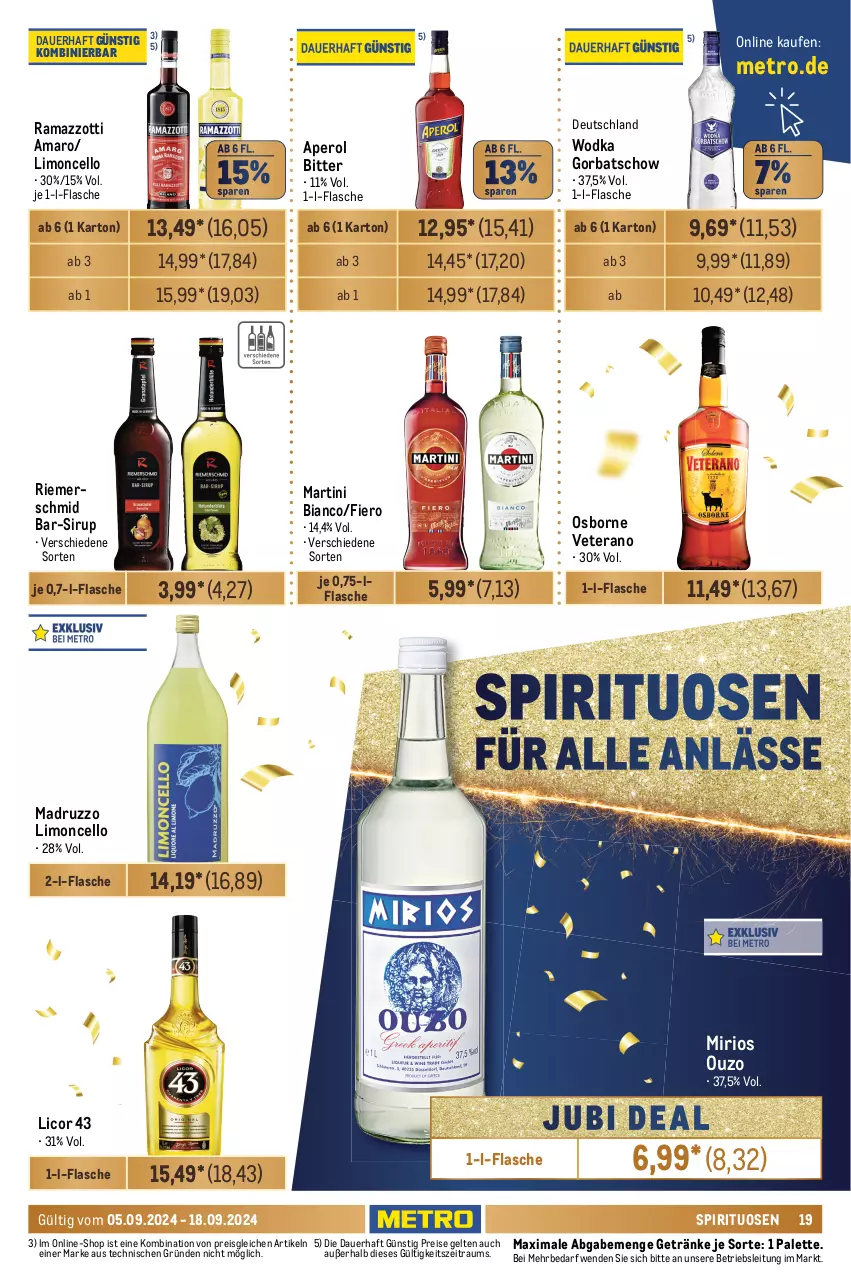 Aktueller Prospekt Metro - GastroJournal - von 05.09 bis 18.09.2024 - strona 19 - produkty: amaro, aperol, auer, eis, elle, erde, flasche, getränk, getränke, Gorbatschow, licor, licor 43, limo, martini, Metro, osborne, ouzo, Palette, rama, ramazzott, ramazzotti, reis, sirup, Software, spirituosen, Ti, tisch, veterano, wodka, zott