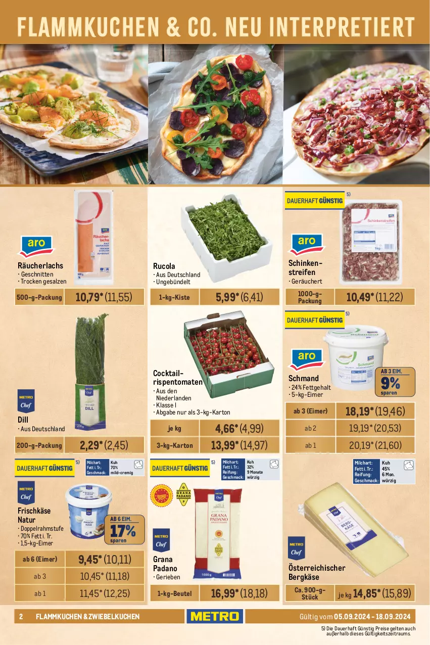 Aktueller Prospekt Metro - GastroJournal - von 05.09 bis 18.09.2024 - strona 2 - produkty: auer, Bergkäse, beutel, Blüte, blütenhonig, brie, cocktail, cola, doppelrahmstufe, eimer, eis, elle, erde, Feigen, fisch, flammkuchen, flasche, fleisch, frischkäse, grana, grana padano, honig, Käse, kuchen, lachs, lamm, mac, milch, natur, nuss, obst, padano, Rana, Räucherlachs, reifen, reis, rispentomaten, rucola, rwe, sac, salz, schinken, schmand, schnitten, Ti, Tiere, tomate, tomaten, torte, walnuss, walnusskerne, Yo, zwiebel, zwiebeln