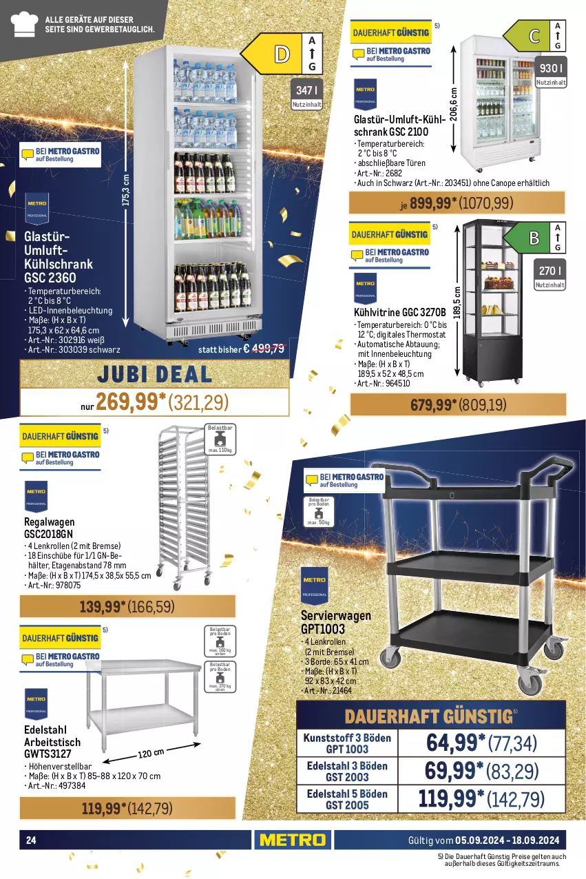 Aktueller Prospekt Metro - GastroJournal - von 05.09 bis 18.09.2024 - strona 24 - produkty: Alwa, auer, auto, Behälter, beleuchtung, dell, edelstahl, eis, gefrierschrank, Glastür, kühlschrank, Mode, regal, reis, Ria, rum, Schrank, schubladen, Servierwagen, Spektrum, thermostat, Ti, tisch, vitrine