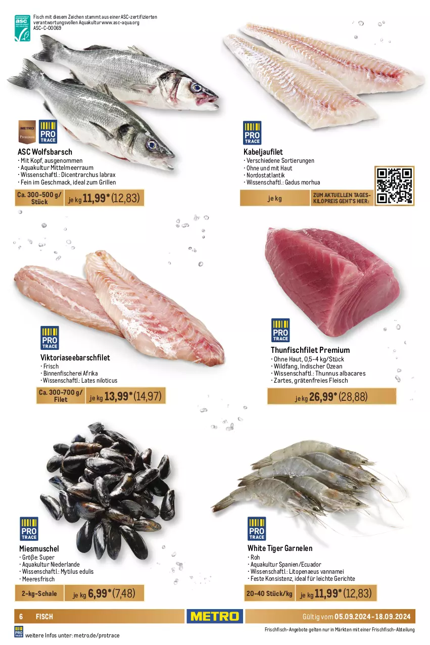 Aktueller Prospekt Metro - GastroJournal - von 05.09 bis 18.09.2024 - strona 6 - produkty: Abtei, angebot, angebote, aqua, auer, beutel, Dorade, dorade royal, eier, eis, elle, filet, filets, fisch, fische, Fischer, fleisch, frischfisch, früchte, garnelen, grill, hering, Herings, heringsfilets, ideal zum grillen, kabeljaufilet, lachs, lachsfilet, mac, meeresfrüchte, Metro, Muscheln, nuss, Pangasius, reis, Ria, ring, Schal, Schale, Schere, thunfisch, Ti, Tiere, Wild, wildlachs, wolfsbarsch