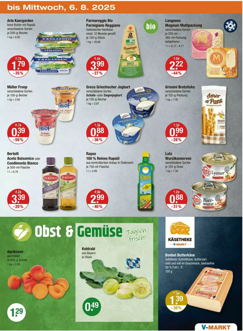 Aktueller Prospekt Vmarkt - Prospekte - von 31.07 bis 06.08.2025 - strona 19 - produkty: aceto, aceto balsamico, arla, balsam, balsamico, Bau, Becher, bertolli, bio, bonbel, brot, Brotsticks, butter, butterkäse, condimento, Condimento Bianco, flasche, froop, Griechischer Joghurt, grissini, halbfester schnittkäse, hartkäse, italienischer hartkäse, joghur, joghurt, Käse, käsetheke, kohlrabi, Konserven, langnese, Müller, müller froop, parmigiano, parmigiano reggiano, rapso, rapsöl, reggiano, reines rapsöl, schnittkäse, Ti, trolli, wurst, wurstkonserven