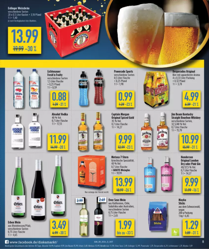 Aktueller Prospekt Diska - von 19.02 bis 24.02.2024 - strona 10 - produkty: Absolut Vodka, auer, aust, bett, bier, bourbon, bourbon whiskey, Cap, captain morgan, desperados, eis, enders, ente, erdinger, flasche, gin, jim beam, lichtenauer, Metaxa, original spiced gold, reis, Spezi, Sport, Ti, tuc, vodka, wein, whiskey, ZTE