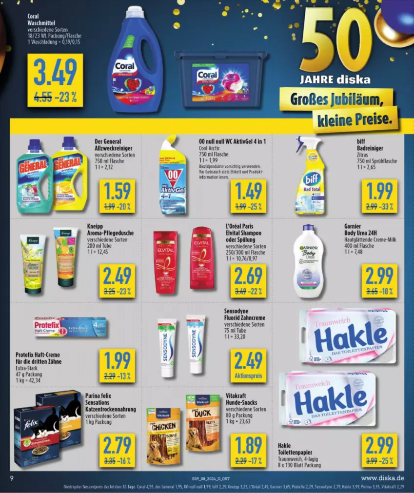 Aktueller Prospekt Diska - von 19.02 bis 24.02.2024 - strona 11 - produkty: aktionspreis, allzweckreiniger, Bad, biff, body, Coral, creme, dusche, eis, elvital, flasche, garnier, kneipp, kraft, leine, papier, pflegedusche, Rauch, reiniger, reis, rwe, sensations, sensodyne, sensodyne fluorid, shampoo, snack, snacks, spülung, Ti, toilettenpapier, Trockennahrung, vita, vitakraft, waschmittel, weck, Yo, zahncreme