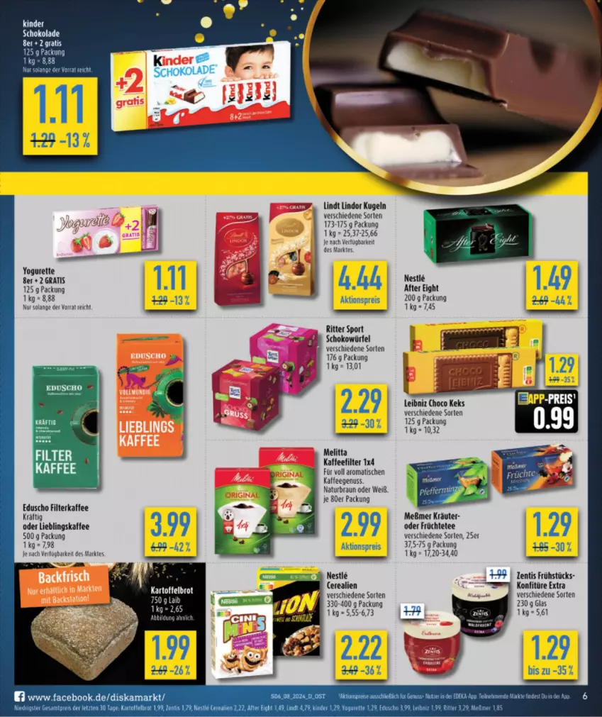 Aktueller Prospekt Diska - von 19.02 bis 24.02.2024 - strona 8 - produkty: after eight, aktionspreis, braun, brot, cerealien, eduscho, eier, eis, filterkaffee, früchte, Früchtetee, kaffee, kaffeegenuss, kartoffel, Kartoffelbrot, keks, Kinder, kinder schokolade, konfitüre, konfitüre extra, kräuter, Kugel, leibniz, lindor, lindt, melitta, Meßmer, natur, nuss, reis, ritter, ritter sport, schoko, schokolade, Sport, tee, Ti, tisch, Yo, yogurette