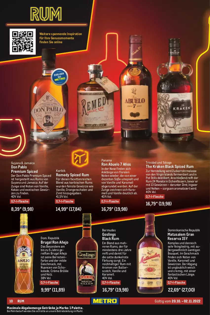 Aktueller Prospekt Metro - Whisky & Rum Spezial - von 20.10 bis 02.11.2022 - strona 10 - produkty: asti, bermuda, bermudas, butter, ente, erde, fanta, flasche, getränk, getränke, gewürz, gin, Holz, ingwer, kakao, karamell, lack, mac, Matusalem, Nuance, nuss, orange, orangen, Palette, rum, Schal, Schale, schoko, schokolade, scotch, Ti, tisch, vanille, zucker