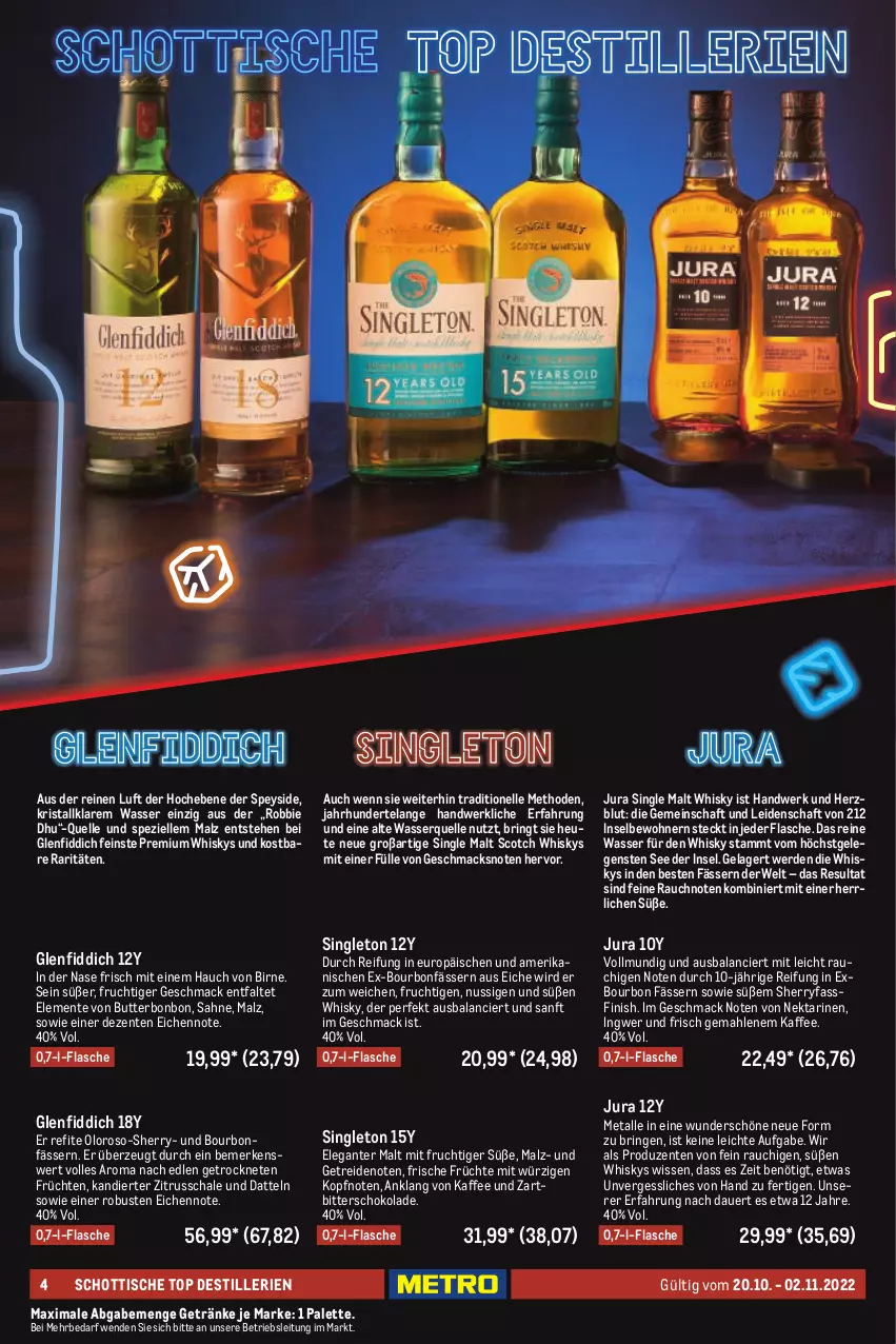 Aktueller Prospekt Metro - Whisky & Rum Spezial - von 20.10 bis 02.11.2022 - strona 4 - produkty: auer, bourbon, butter, Datteln, Elan, elle, ente, erde, Finish, flasche, frucht, früchte, früchten, getränk, getränke, Heu, ingwer, Jura, kaffee, mac, malz, mit frucht, Nektar, nektarinen, nuss, Palette, Rauch, ring, sahne, Schal, Schale, schoko, schokolade, schott, scotch, scotch whisky, single malt, Spezi, Ti, tisch, usb, wasser, whisky, Zartbitterschokolade