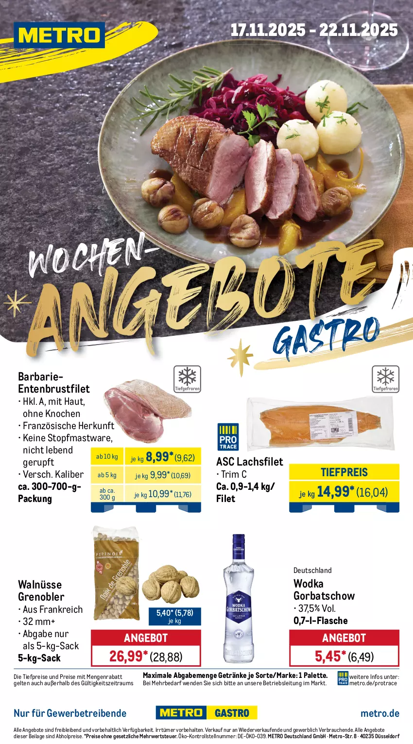 Aktueller Prospekt Metro - Wochen-Angebote Gastro - von 17.11 bis 22.11.2025 - strona 1 - produkty: abholpreise, angebot, angebote, brustfilet, eis, ente, Entenbrust, filet, flasche, getränk, getränke, Gorbatschow, ilag, lachs, lachsfilet, Metro, Palette, Rauch, reis, rwe, sac, Ti, tiefpreis, topf, wodka