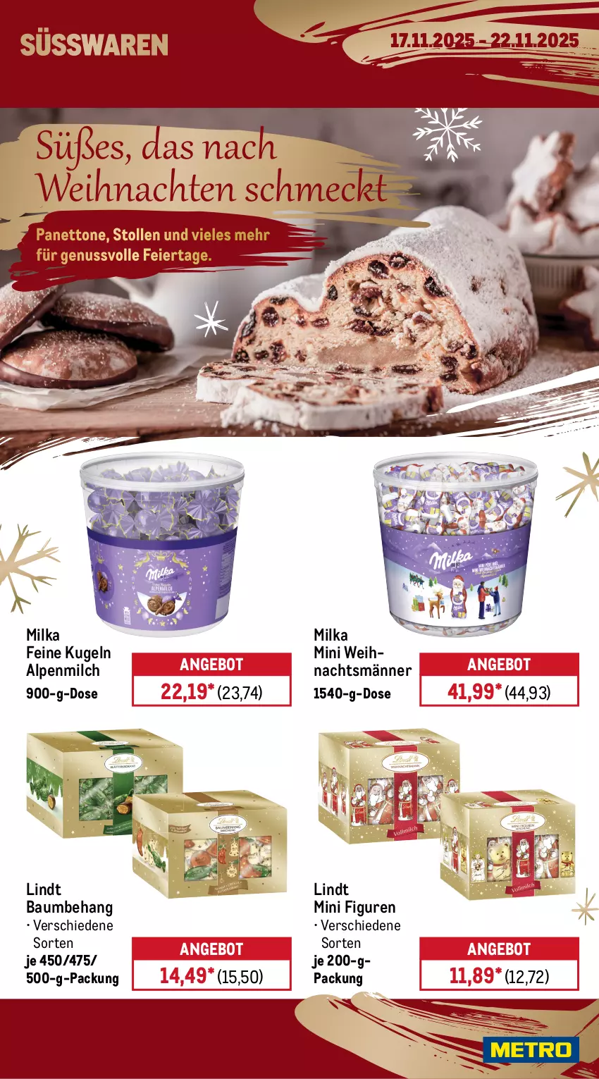 Aktueller Prospekt Metro - Wochen-Angebote Gastro - von 17.11 bis 22.11.2025 - strona 14 - produkty: alpenmilch, angebot, Bau, Dresdner Stollen, eier, eis, früchte, früchten, kuchen, kuchenmeister, Kugel, lindt, Meister, milch, milka, nuss, Stollen, süsswaren, weihnachten