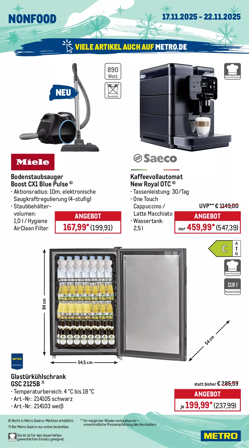 Aktueller Prospekt Metro - Wochen-Angebote Gastro - von 17.11 bis 22.11.2025 - strona 18 - produkty: ACC, angebot, auer, auto, Behälter, besteck, bodenstaubsauger, Cap, cappuccino, chia, cin, edelstahl, eis, Elektro, elle, geschirr, Geschirrserie, gin, Glastür, kaffee, kaffeevollautomat, kraft, kühlschrank, latte, latte macchiato, Löffel, mac, macchiato, messer, Metro, metro gastro, mikrowelle, Ofen, pasta, reis, Ria, ring, Schrank, spülmaschinen, staubsauger, tasse, teller, Ti, usb, wasser, wassertank
